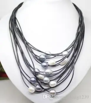 

01-12mm Real white gray black freshwater pearl pendant necklace necklace leather cord clasp magnet fashion jewelry
