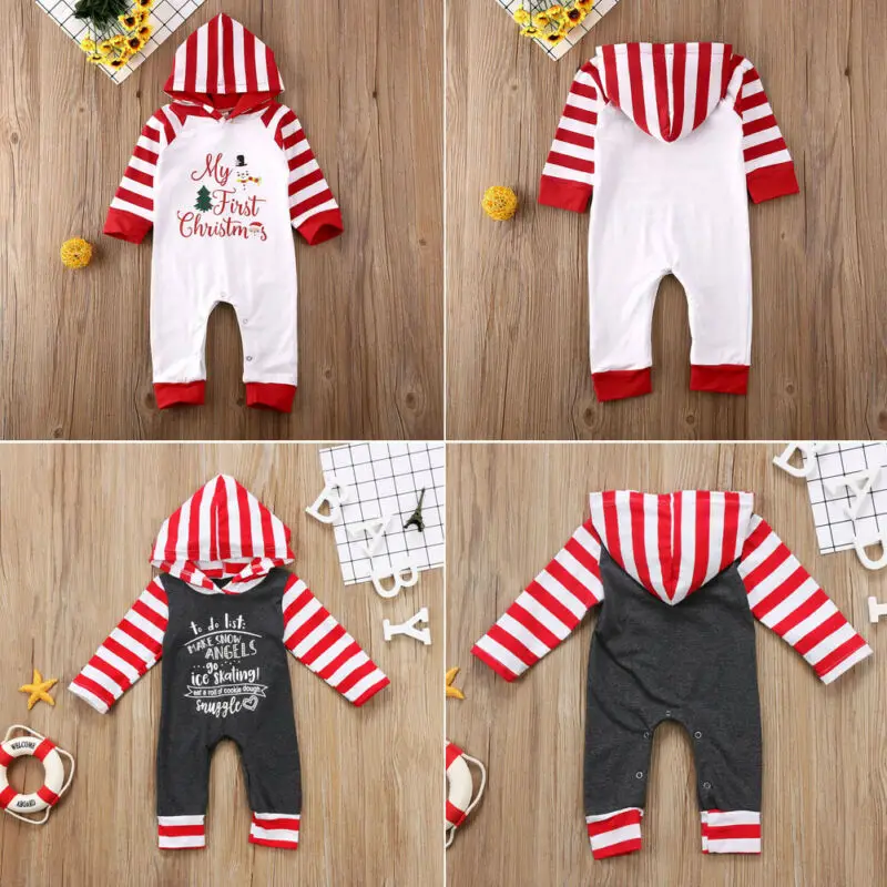 My First Christmas/комбинезон унисекс с капюшоном в полоску с надписью «My First Christmas» для маленьких мальчиков и девочек, боди, одежда с капюшоном