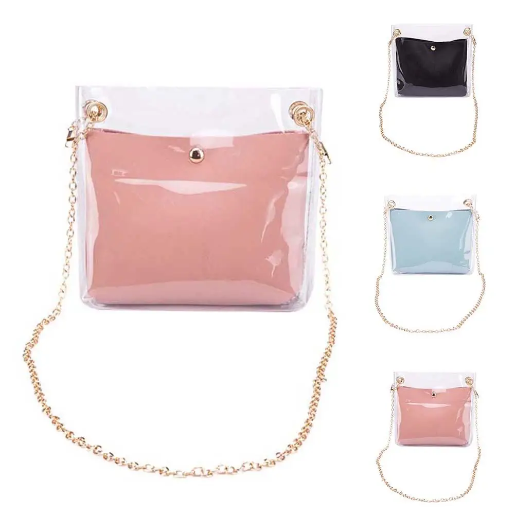 

2Pcs/Set Women Transparent Bucket Bag Solid Color Shoulder Bags Lady Faux Leather Clutch Crossbody Phone Purse Bag Shoulder Bag