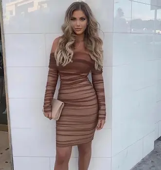 

New Winter Fashion Sexy Off Shoulder Draped Brown Black Bandage Dress 2019 Designer Fashion Evening Party Dress Vestido