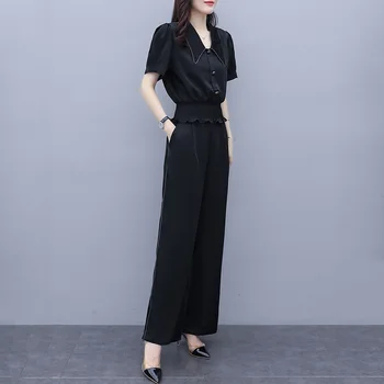 

Vintage Elegant Wide Leg Pants Women Two Piece Set Top and Trousers Suit Female Black High Waist Long Pantsuit Female Plus Size