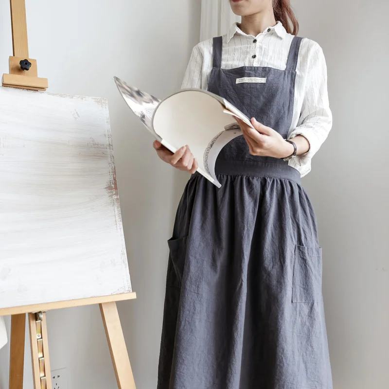Nordic Cotton Women Pleated Skirt Aprons Kitchen Restaurant Cooking Aprons With Pocket Work Apron Waiter Kitchen Cook Tool U1888