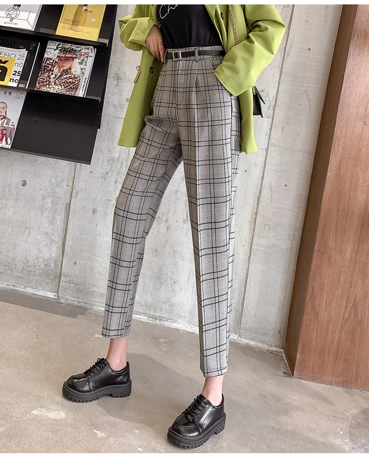 Высокого качества в стиле Harajuku штаны-шаровары в клетку Для женщин с высокой талией с карманами штаны с поясом в Корейском стиле уличные брюки Для женщин pantalon mujer