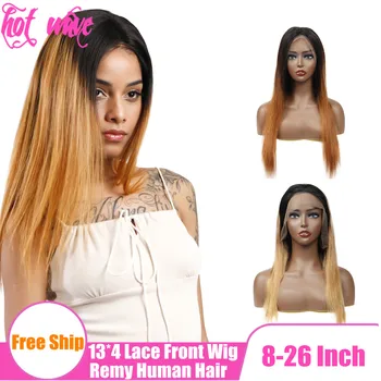 

Hot Wave Remy Human Hair 13X4 Front Swiss Lace Frontal Wig for Women Ombre Black Brown Gold Golden Silky Straight T1B27 T1B30