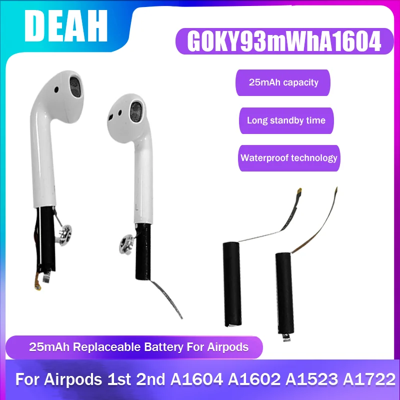 New 25mAh For Airpods 1st 2nd A1604 A1602 A1523 A1722 A2032 A2031 Replacement Battery Air Pods 1 2 GOKY93mWhA1604 |