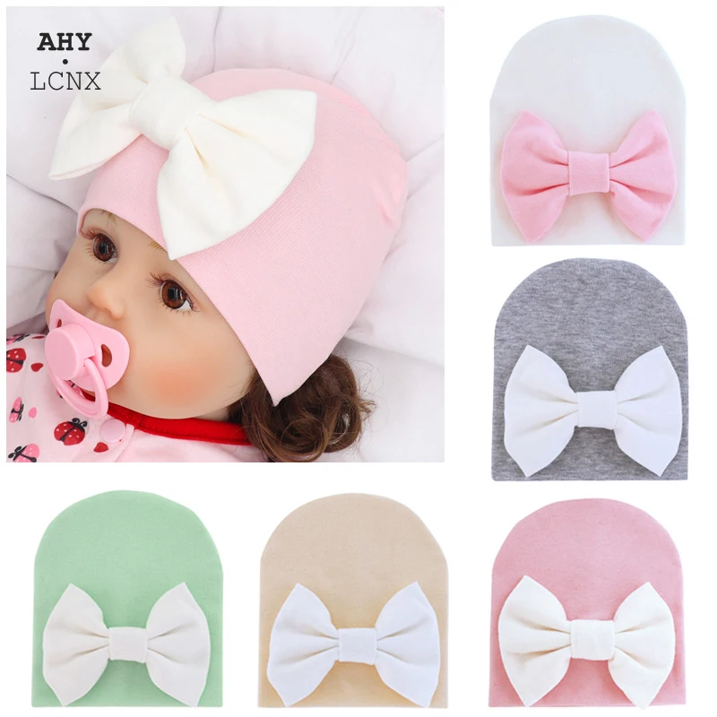 2021 Newborn Big Bows Hospital Chiffon Baby Hat Knitted Soft Nursing