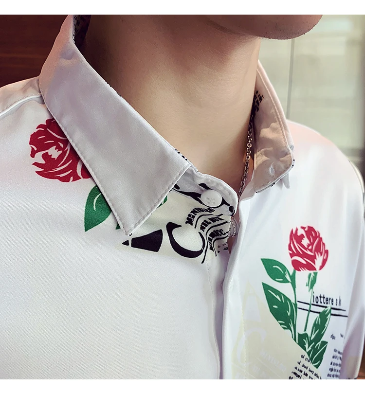Rose Printing Men Shirt Fashion Long Sleeve Casual Slim Fit Shirts Men Dress Tuxedo Clothing Camisa Social Masculina