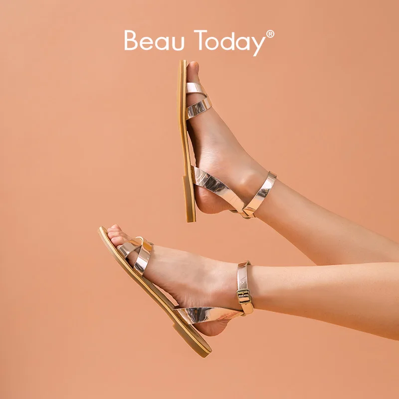 Женские сандалии гладиаторы BeauToday летние пляжные туфли цвета шампанского из