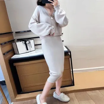 

knitting women 2 piece set sweater cardigans suit vintage elastic waist skirt suit knitted set long sleeve P507