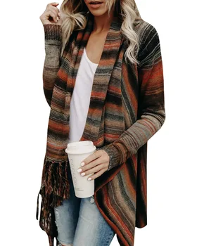 

Autumn and winter 2019 fashion tassel design medium length sweater fashion coat