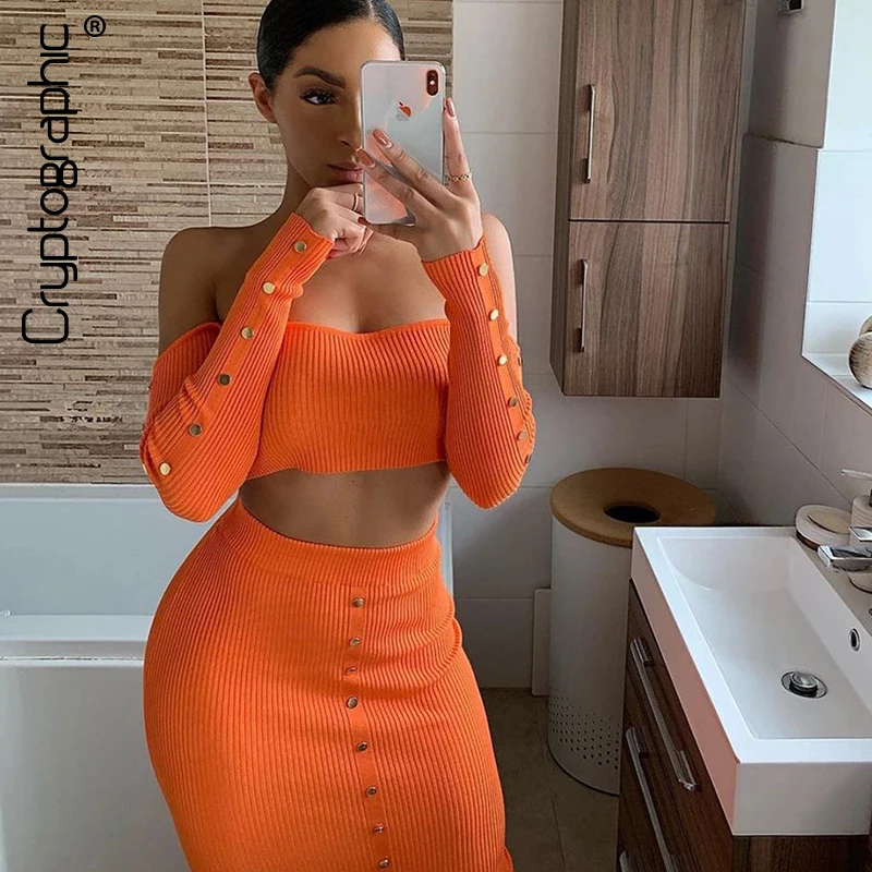 

Cryptographic Women's Two Pieces Skirt Suits Off Shoulder Button Knitted Long Sleeve Crop Tops and Midi Skirt Autumn Female Sets