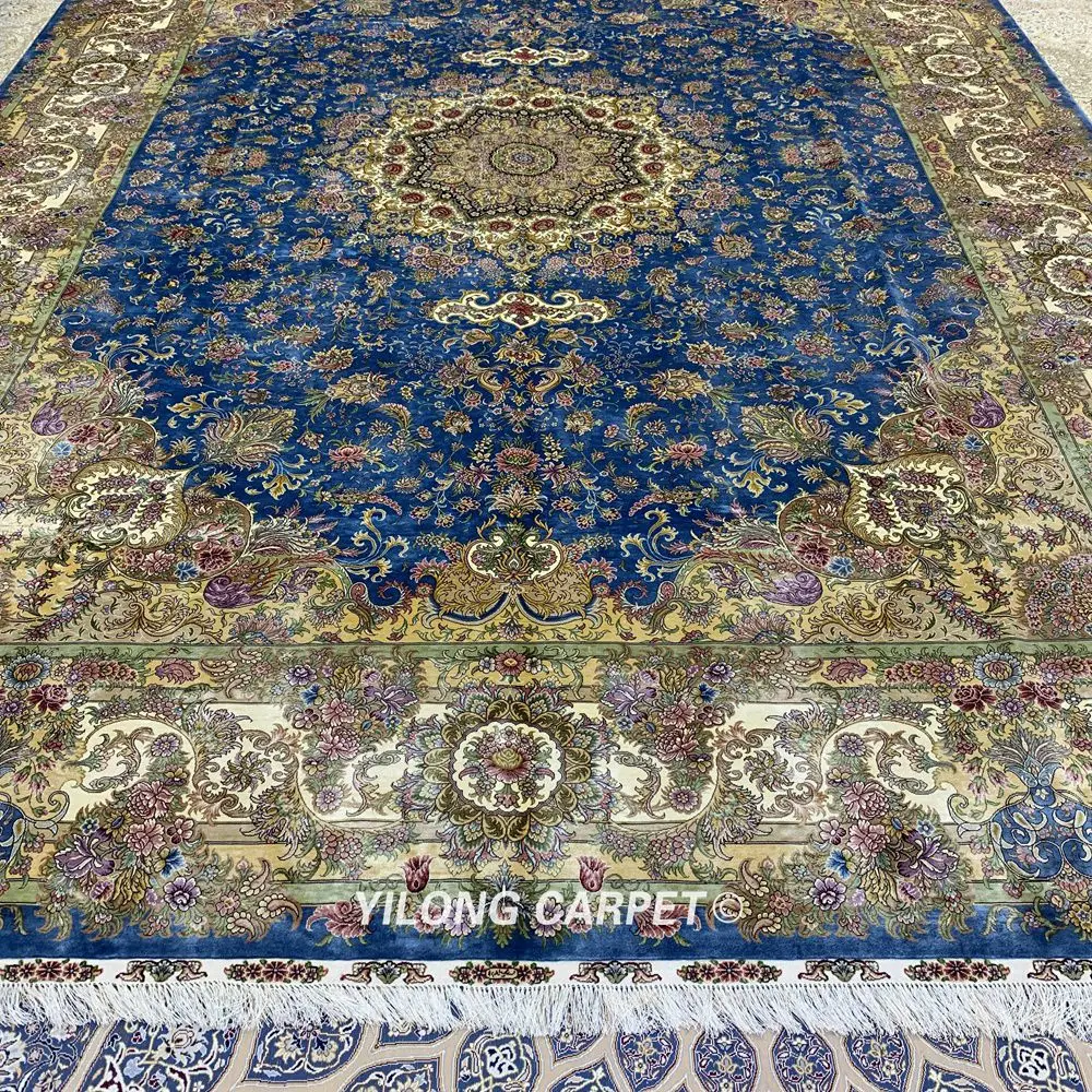 Yilong 10'x14 'ручной работы Турция Hereke ковры медальон синий персидский шелковые ковры(ZQG369A