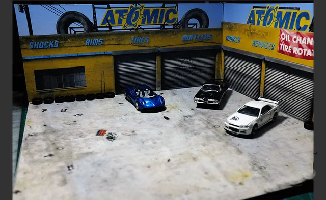1/64 Scale Garage Tire Repair Shop Factory Warehouse House Building Model for Car Vehicle Toys Collectible Sence Decoration Show 3
