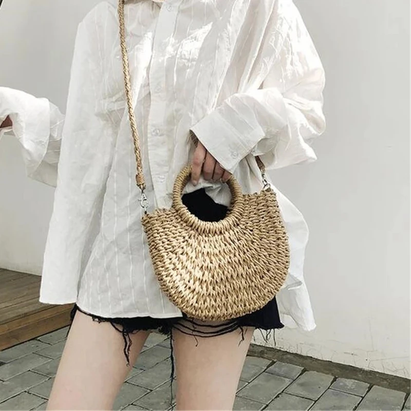 New Handmade Beach Bag Half-Round Rattan Woven Straw Bag Summer