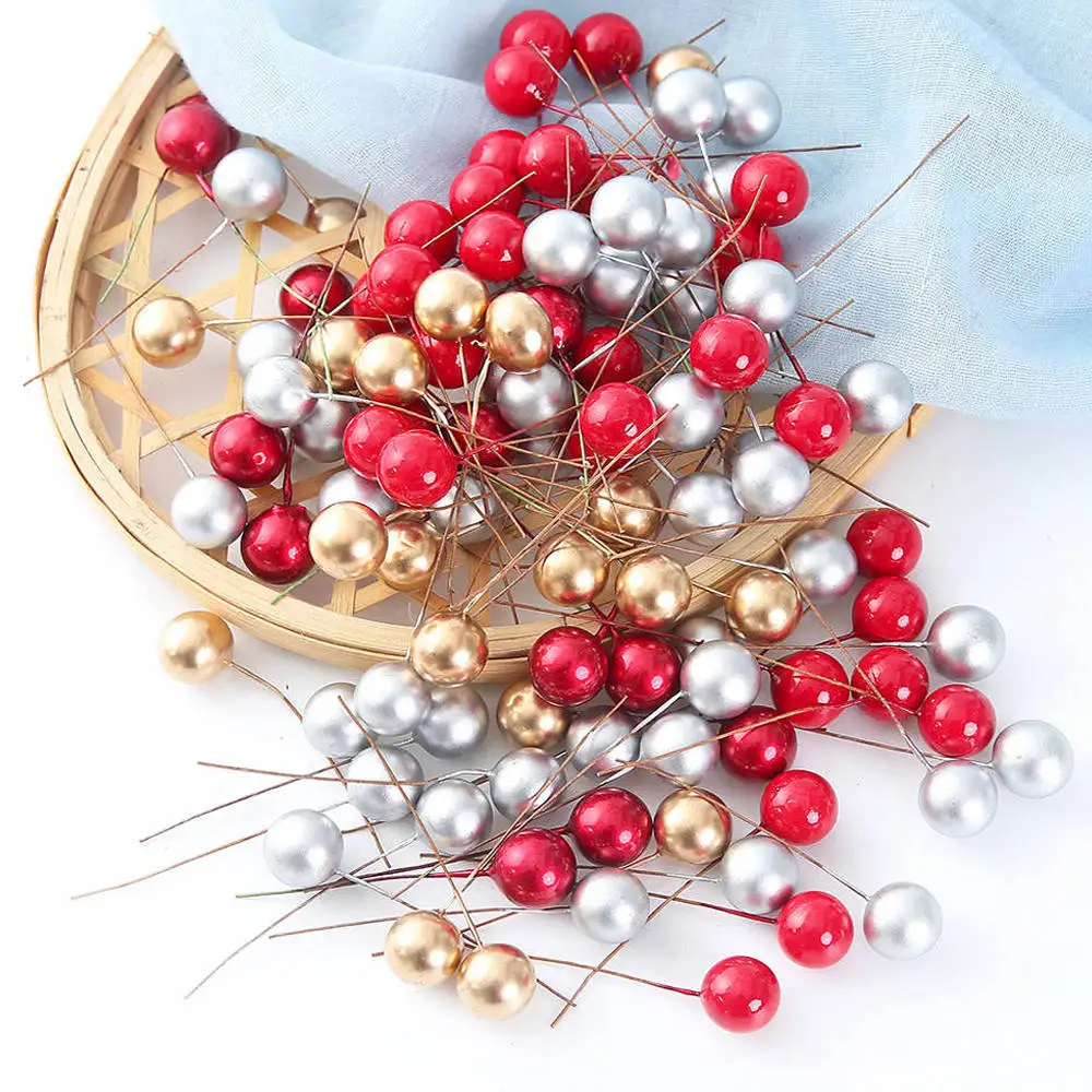 Artificial Plants Artificial Flowers Artificial Flower Artificial Flower Bouquet 50/100pcs/Lot mini plastic berry artificial flower red cherry pearlescent stamen wedding Christmas Cake Box Wreaths Decoration