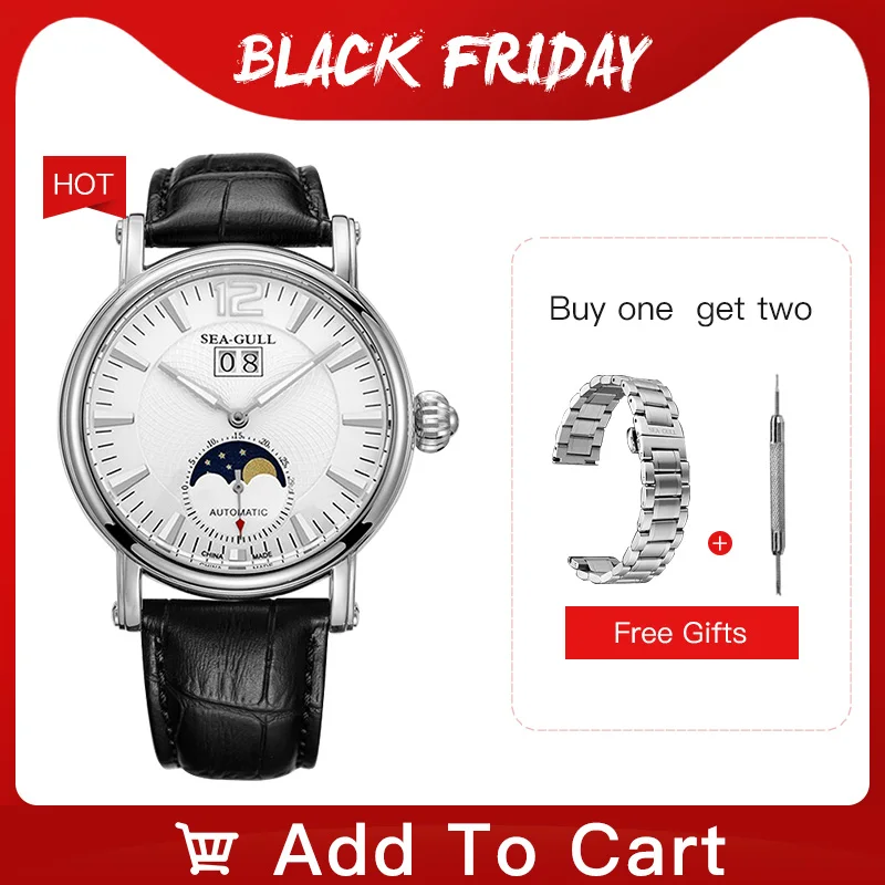 

2020 New Products Seagull Men's Watch Moon Phase Watch Multifunctional Automatic Mechanical Watch Leather Bracelet Watch M308S