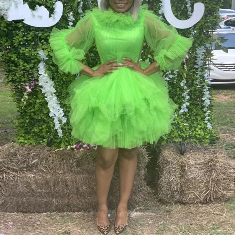 Модные вечерние платья со складками длиной до колена; Vestido de curto; многоуровневые Вечерние платья из тюля с длинными рукавами; полупрозрачное зеленое короткое платье для выпускного вечера