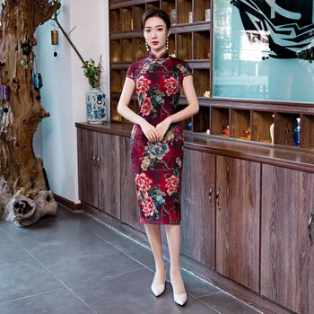 

Elegant Slim Dress Vestidos Vintage Women Chinese Style Qipao Summer Satin Cheongsam Dress Size M-4XL