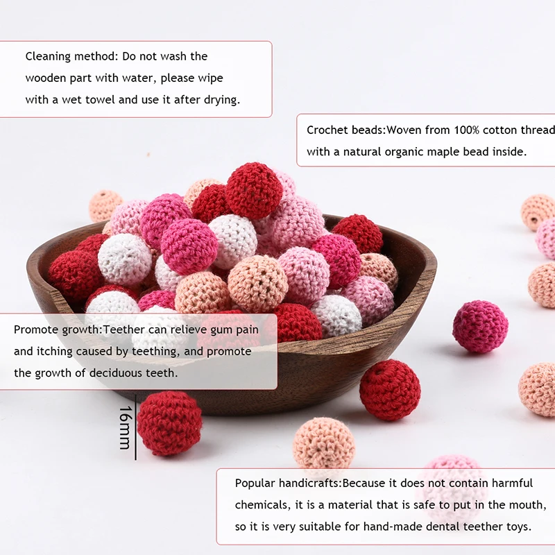 Crochet Beads Can Chew Beads DIY Teething Necklace Pacifier Chains Accessories Wooden Teether Baby Teether 5pcs 20mm