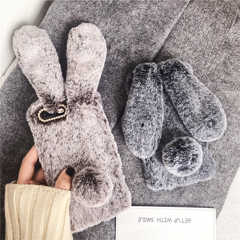 

Bling Cute Fluffy Rabbit Hair Fur Phone Case For iPhone 11 Pro Max XR XS MAX X Plush Bunny Cover For iPhone 8 7 6 6s s Plus Case