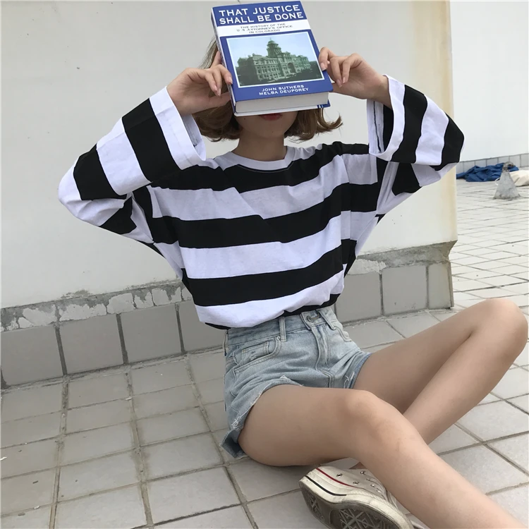 Новые свободные полосатые стройные повседневные стильные женские короткие студенческие модные Универсальные футболки с длинными рукавами и круглым вырезом