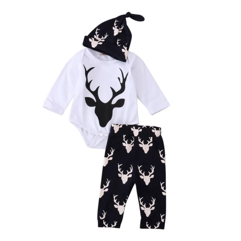 

Baby Boys Girls Family Pajamas Simple Christmas Deer Printing +Printed trousers+hat 3 Pcs Children's Sets