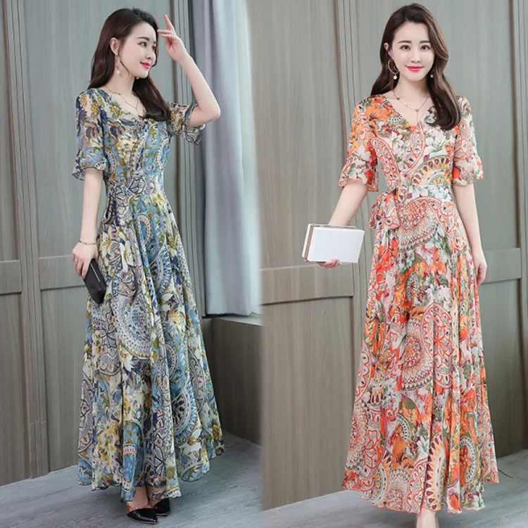 

Spring Summer New Style Printed Figure Korean-style Large Size Belly Covering Waist Hugging Slimming Dress Mid-length Middle-age