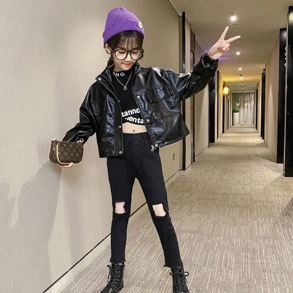 

Girls Jacket Zipper Cool Outwear PU Leather Clothing For Girls 3-12 Years Old Turn-dwon Collar Baby Girl Spring Fall Clothes