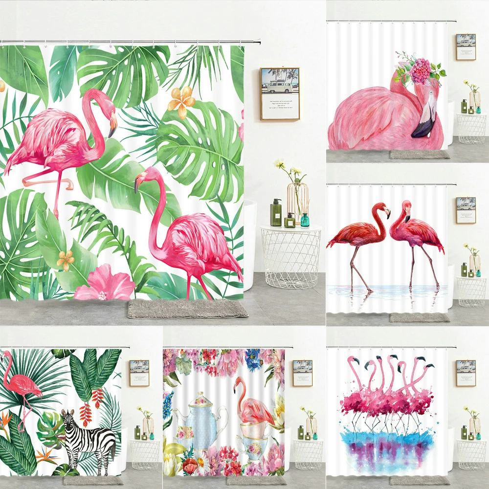 

Flamingo Birds Bathroom Curtains Shower Curtain Waterproof With 12 Hooks Polyester Cloth Home Decoration Bath Curtains 180*200cm