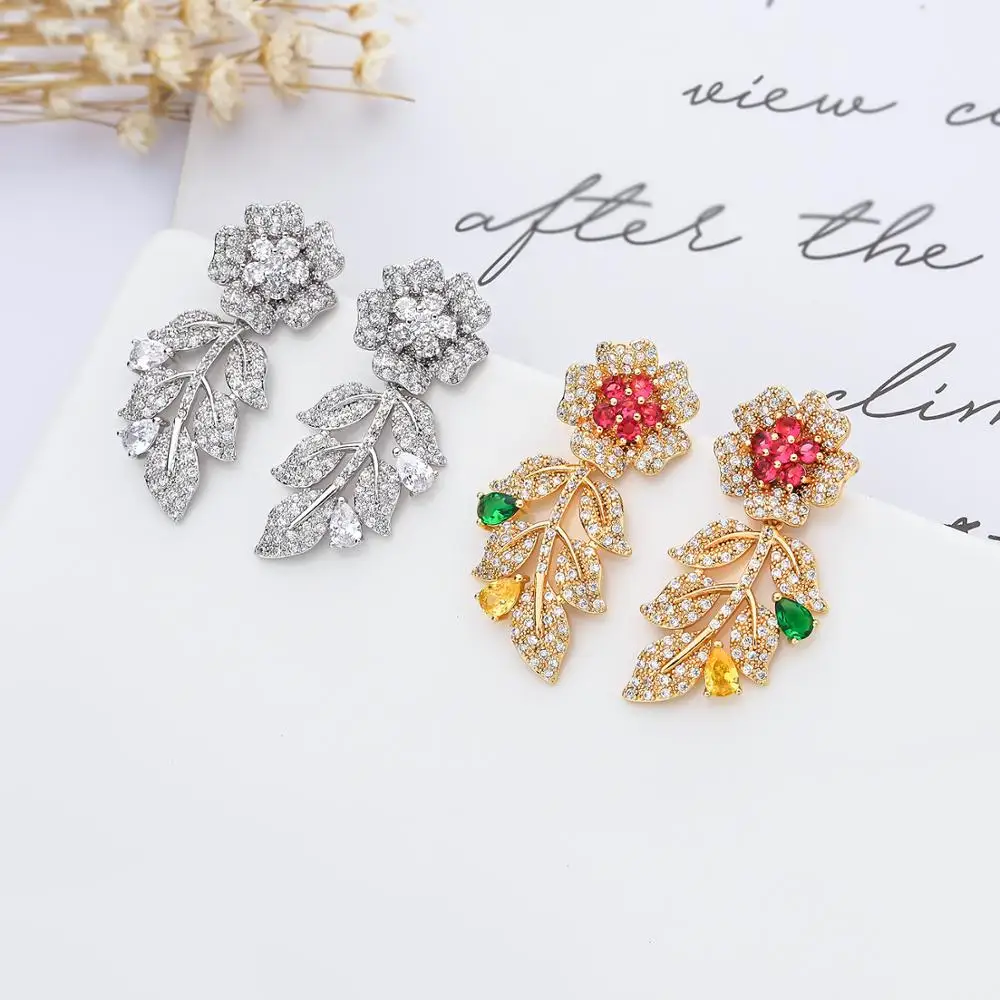 Cubic Zircon Flower Earrings for Wedding, Crystals Dangle Earring for Bride, Women Girl Gift CE11248