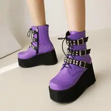 

Martin boots autumn and winter new punk style women's short boots round toe wedges with rivet belt buckle short boots