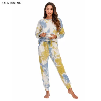 

Autumn Tie Dye Pajama Set Women Sleepwear O Neck Long Sleeve Tops Loose Elastic Waist Pants Pajamas Home Lounge Wear Suits