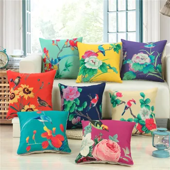 

Village Floral birds Printed Pillow Cushion Covers Cheap Cotton Linen Throw Pillowcase Almofada Home Sofa Decortive Kussenhoes