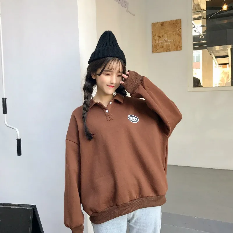 

Women Casual Turn-Down Collar Plus Size Hoodies Button Loose All-Match Pullovers Solid Letter Printing Sweatshirts