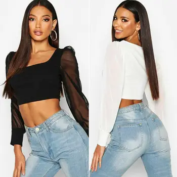

Sexy Womens See through Lace Mesh Sheer Long Sleeve Crop Top Fashion Ladies Solid Casual Short Blouse Tees Female Streetwear