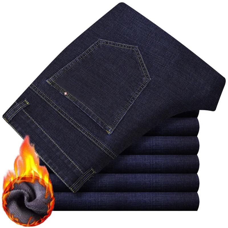 120 Cm Mens Jeans Winter Plus Velvet Jeans Tall Men's Trousers Stretch Straight High Long Length Pants Long Version Warm Casual