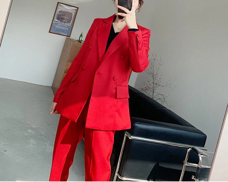 Mozuleva 2020 Notch Collar Double-breasted Women Slim OL Blazer&High Waist Pockets Straight Suit Pants Two Pieces Business Suit