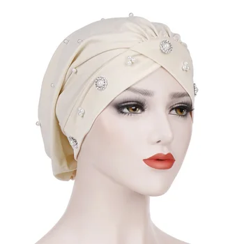 

Muslim Women Turban Solid Color Turbantes Fashion Pearl Bonnet