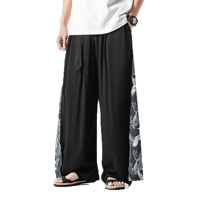 

2019 Men Linen Wide Leg Pants Men's Kung Fu Trousers Male Traditional Pants Straight Black White Track Pants Men Dropshipping