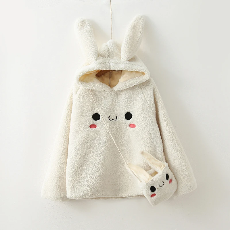 Осень Зима Kawaii кроличьи уши плюшевая Короткая Толстовка женская с длинным рукавом Толстая овечья шерсть Повседневная теплая толстовка сумка через плечо - Цвет: White