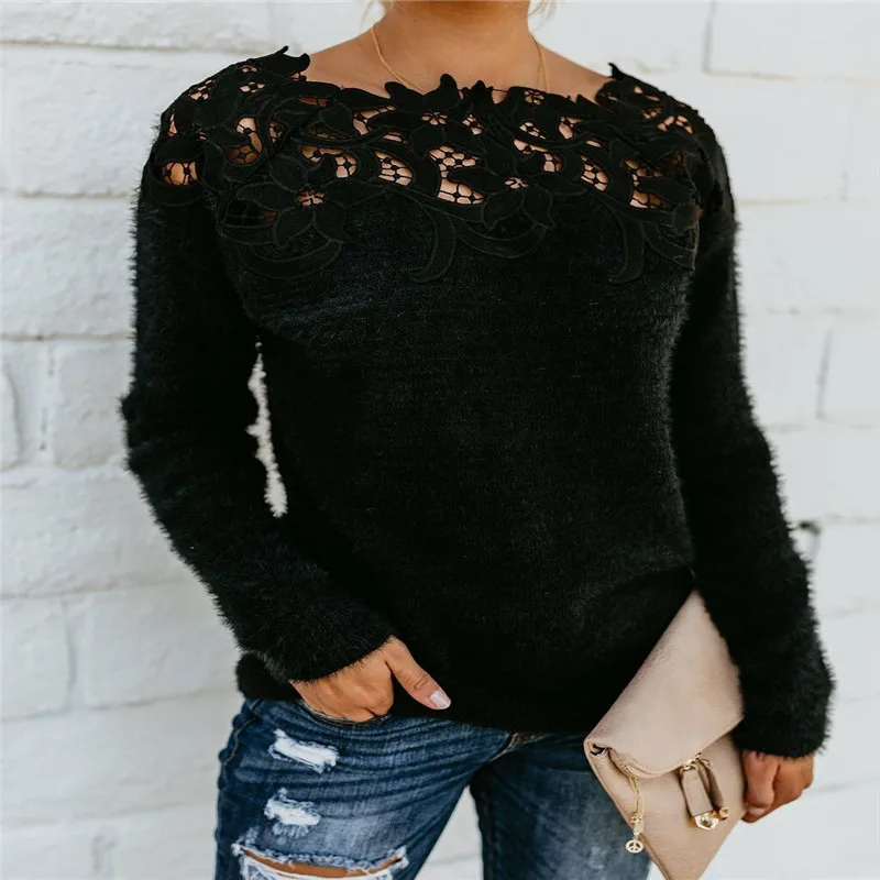 

Fluffy Warm Sweater Long Sleeve Pullover Women Ladies Spring Winter Lace Jumper Blouse Tops O-Neck Ruffles Knitted Sweater