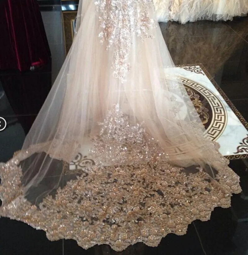 

3M Long Champagne Wedding Veils With Lace Applique Edge One Layer Round Cathedral Length Veils With Comb Bridal Veil