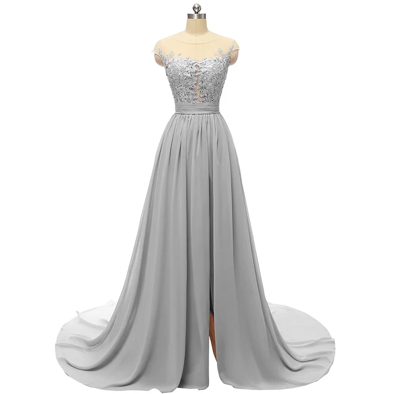 Robe De Soiree Формальное длинное вечернее платье для выпускного бала без рукавов с открытой спиной сексуальное шифоновое кружевное женское платье для свадьбы Вечерние - Цвет: Серый