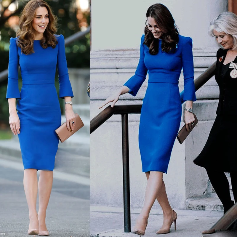 Kate Middleton Autumn New Women'S High Quality Fashion Party Work Casual Sexy Vintage Elegant Chic Blue Long Sleeve Pencil Dress