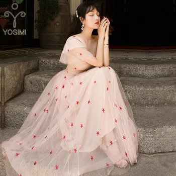 

YOSIMI 2019 Summer Maxi Mesh Long Dress Women Ladies Party Dresses Dot Ankle-Length Butterfly Short Sleeve Vestidos De Fiesta