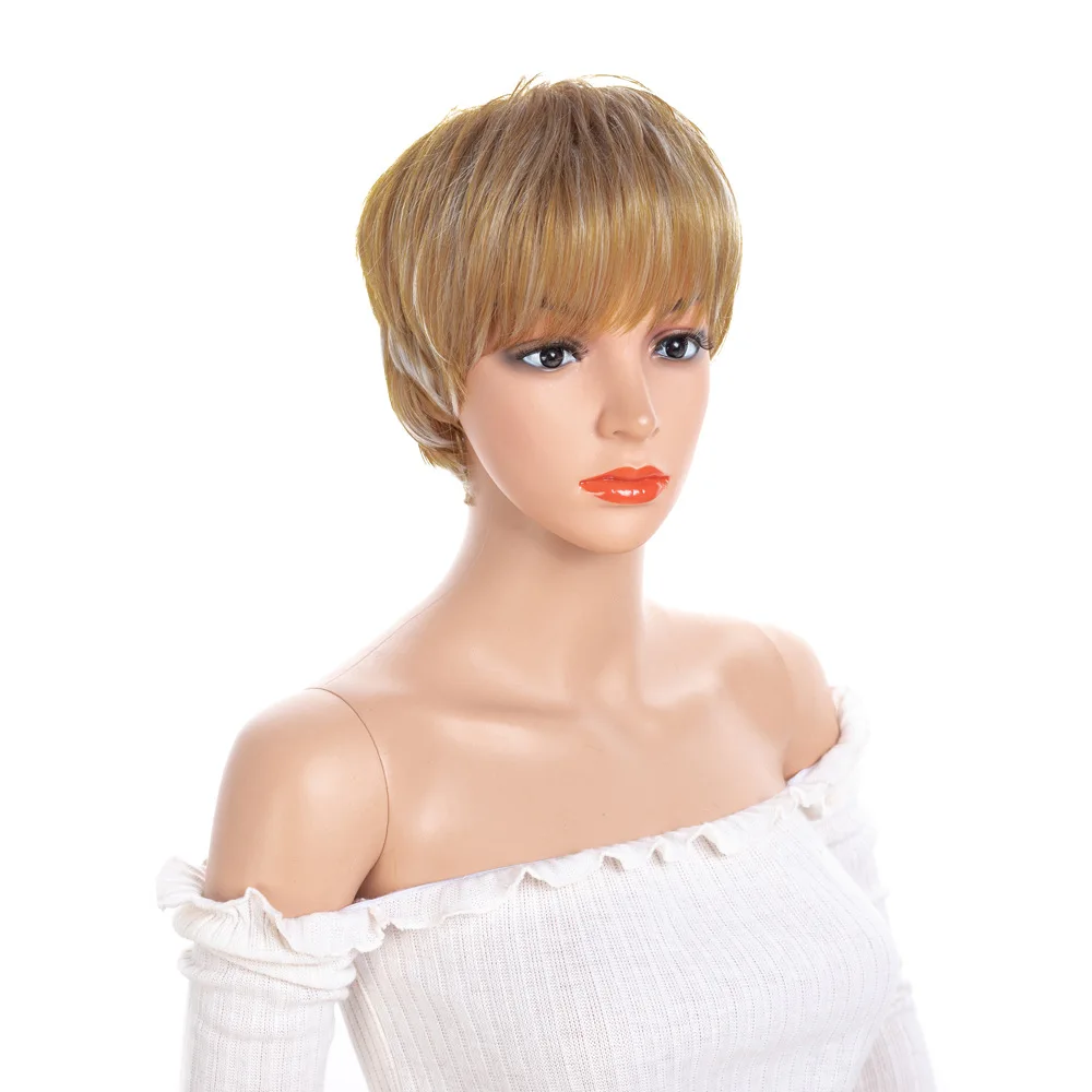 Women's Daily Short Straight Hair Synthetic Wig Air bangs Brown white mixed color High quality high temperature fiber material