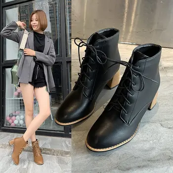 

Women Boots High Heels Round Toe Women's Shoes Autumn Winter Footwear Booties Ladies Lace Up Boots-women Stiletto 2020 Low Rock
