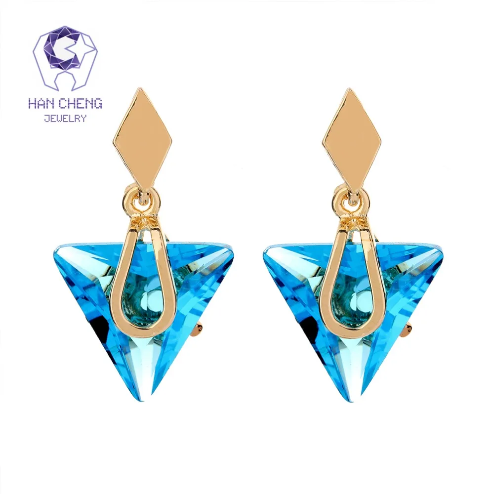 

HanCheng New Fashion Cute Dangle Hanging Gem Stone Blue Triangle Zircon Drop Earrings For Women Statement Jewelry brincos bijoux