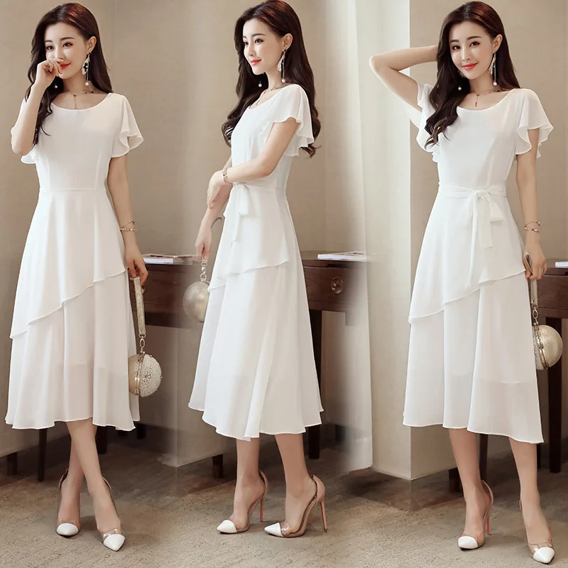 

Dress 2019 Summer Wear New Style WOMEN'S Dress Korean-style Slim Fit Waist Hugging Feifei Mid-length Solid Color Crew Neck Debut