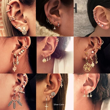 

2020 Bohemian Mixed Stud Earring Set For Women Gold Color Knot Moon Star Cross Map Earrings New Fashion Cuff Earrings Jewellery